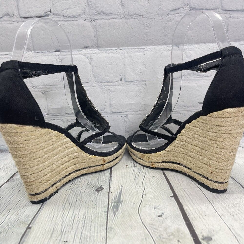 WHBM Black Wedges Rhinestone T Strap Women Size 7 Elegant Vacation Resort Chic - Picture 8 of 14